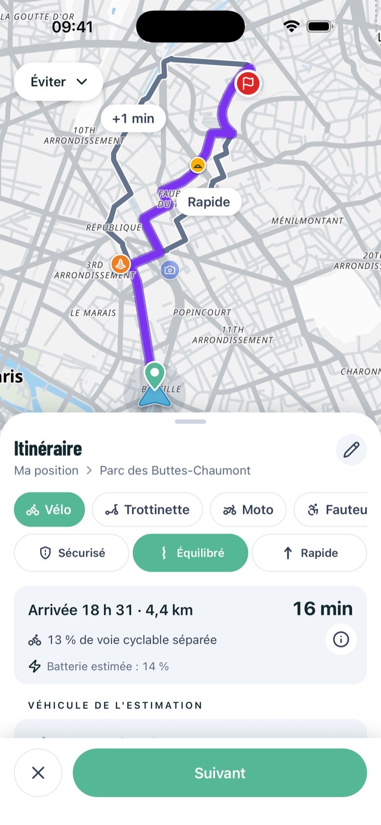 Trois itinéraires calculés pour votre véhicule, avec la durée et le dénivelé